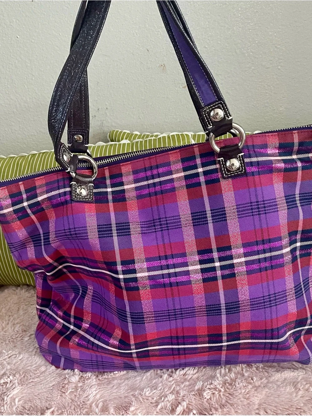 Women's Purple Plaid Tote Bag with Burgundy Trim